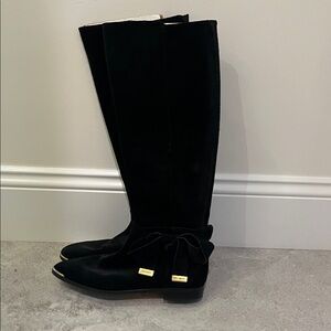 Ted Baker London ALRAMI Black Suede Knee Length Boots with gold detail